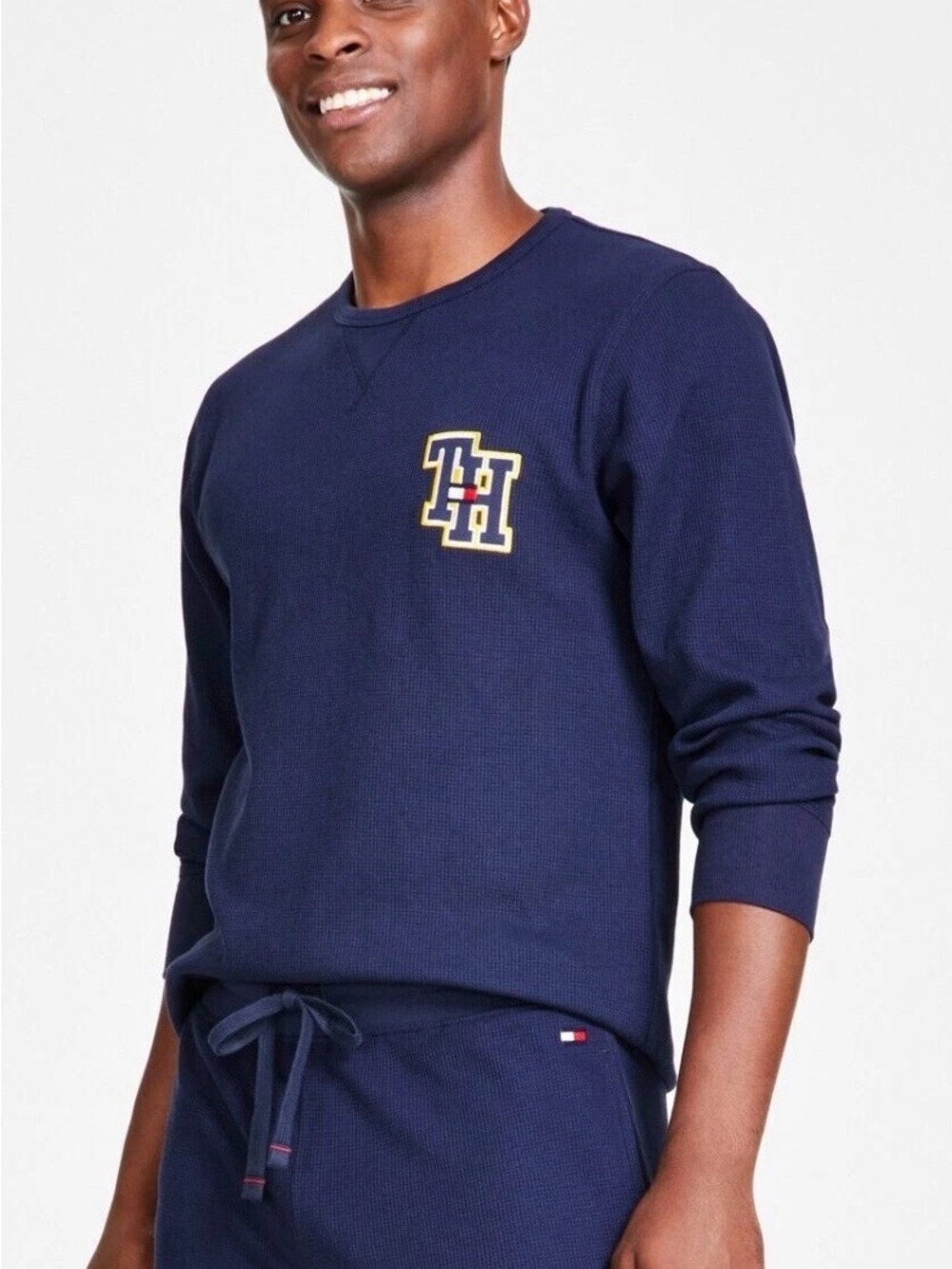 Tommy Hilfiger Men's Navy Crewneck Waffle Knit Sweater with Logo Patch